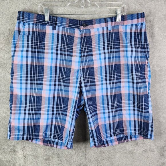 Mens PGA Tour Flat Front Golf Chino Shorts Blue Pink Plaid 100% Polyester 40 - Picture 1 of 12